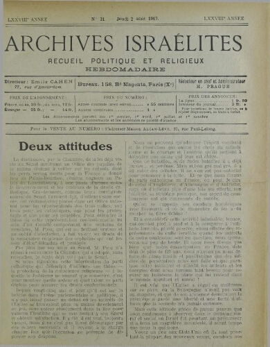Archives israélites de France. Vol.78 N°31 (02 août 1917)
